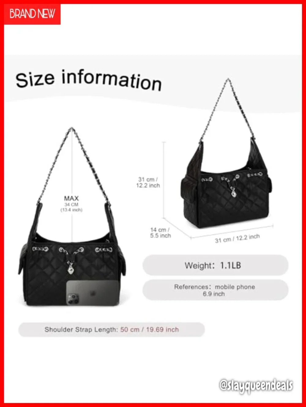 Quilted Vegan Leather Shoulder Bag Hobo Purse with Chain Strap